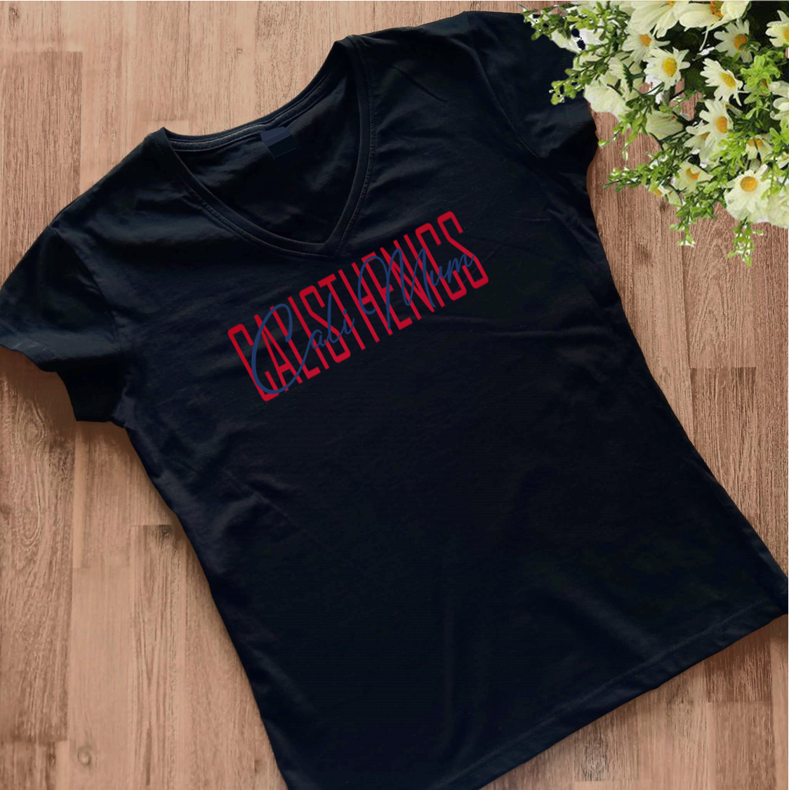 'Hayz Cali Mum & Cali Nana' Collection Classic Red & Dark Blue Glitter - Black V-neck t-shirt